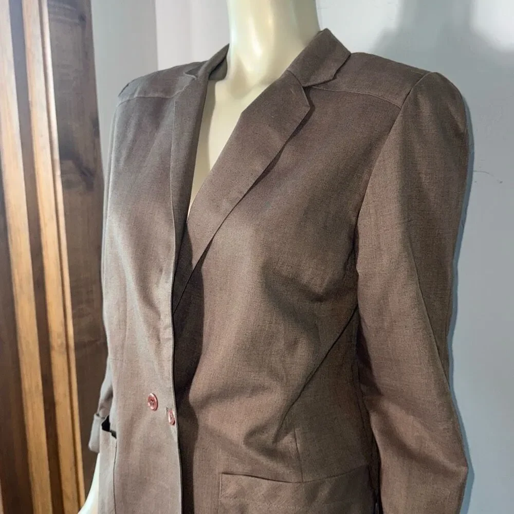 Vintage 80’s Brown Beige Linen Blend Oversized Bold Shoulder Double Breasted Wom